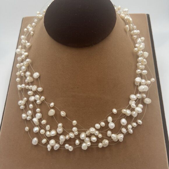 Vtg Crown Trifari Necklace Floating Pearls Illusion Real Pearls Wedding Multi - Picture 1 of 8